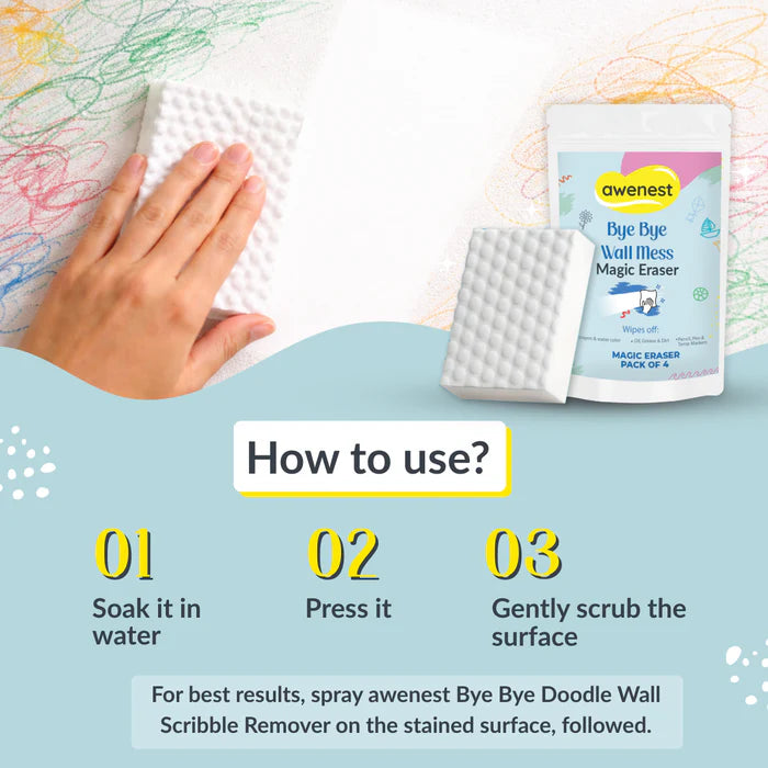 Magic Eraser - Bye Bye Wall Mess Sponge Eraser | Magic Cleaning Sponge | Removes Crayon, Pencil, Marker & Grease | For Walls, Tiles & Laminates