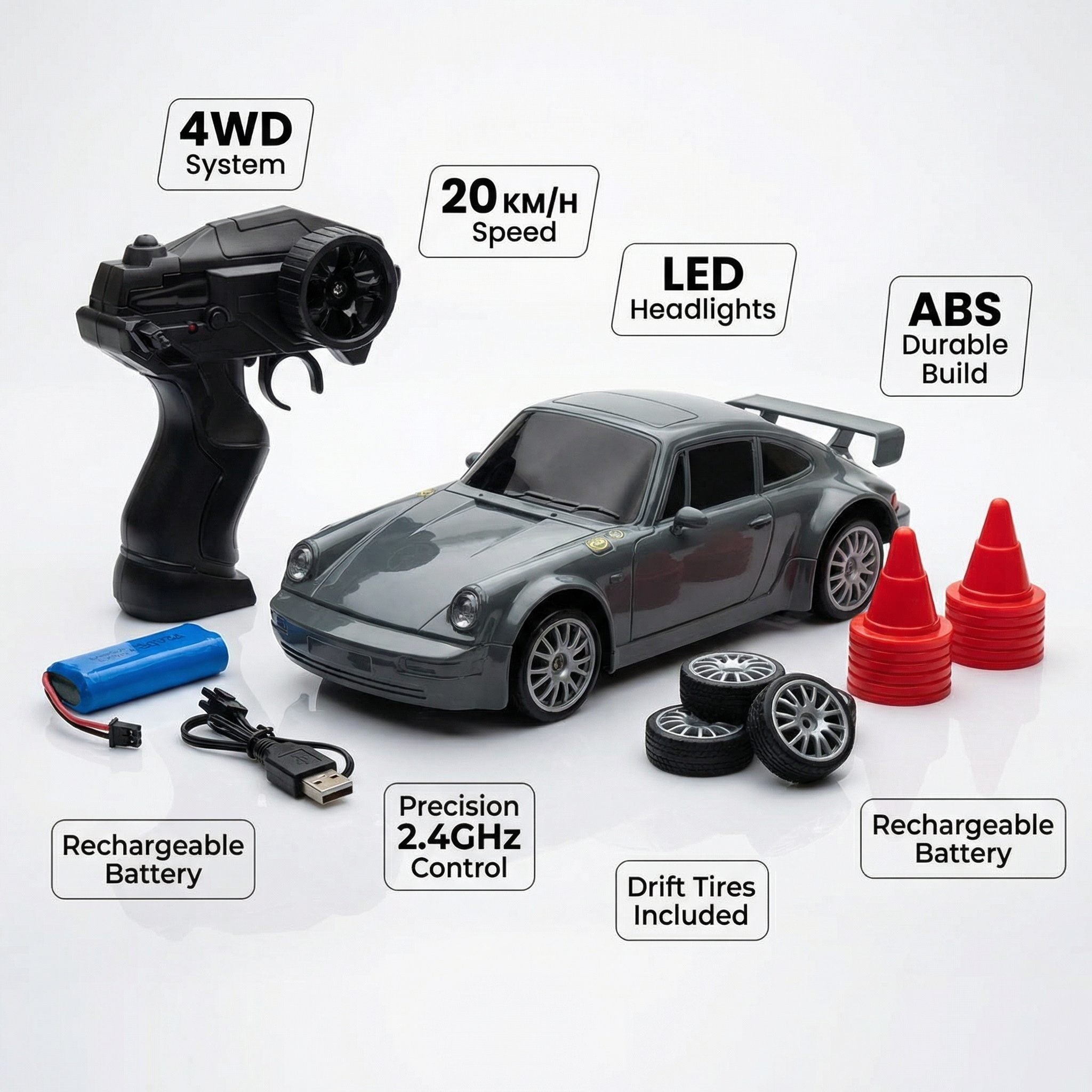 Porsche 911 1:24 Scale High-Speed 4WD RC Drift Car 20KMH