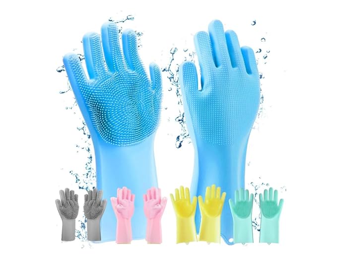Premium Silicone Gloves With Scrubber Bristles | Reusable 2-in-1 Heat Resistant Dishwashing Gloves | Multipurpose Cleaning Gloves For Kitchen, Bathroom, Car, Pet Grooming.