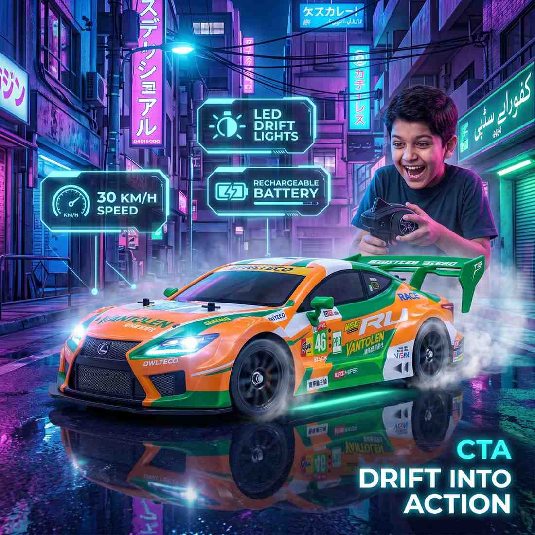 30KM/H RC Drift Racing Car 1:16 – LED Lights + Drift Kit