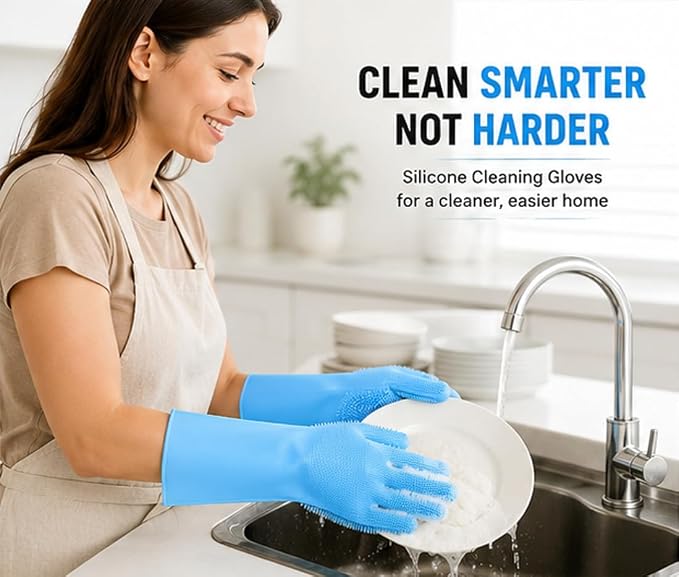 Premium Silicone Gloves With Scrubber Bristles | Reusable 2-in-1 Heat Resistant Dishwashing Gloves | Multipurpose Cleaning Gloves For Kitchen, Bathroom, Car, Pet Grooming.