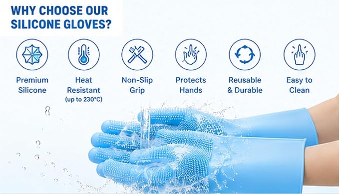 Premium Silicone Gloves With Scrubber Bristles | Reusable 2-in-1 Heat Resistant Dishwashing Gloves | Multipurpose Cleaning Gloves For Kitchen, Bathroom, Car, Pet Grooming.