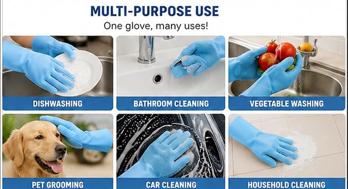 Premium Silicone Gloves With Scrubber Bristles | Reusable 2-in-1 Heat Resistant Dishwashing Gloves | Multipurpose Cleaning Gloves For Kitchen, Bathroom, Car, Pet Grooming.