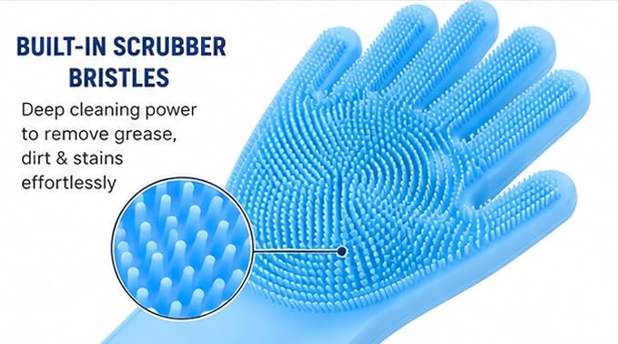 Premium Silicone Gloves With Scrubber Bristles | Reusable 2-in-1 Heat Resistant Dishwashing Gloves | Multipurpose Cleaning Gloves For Kitchen, Bathroom, Car, Pet Grooming.