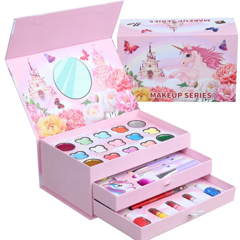 BST Factory 3-Layer Craft Box Kids Makeup Kit – Non-Toxic Beauty Set with Eye Shadow, Nail Polish & Lipstick for Girls