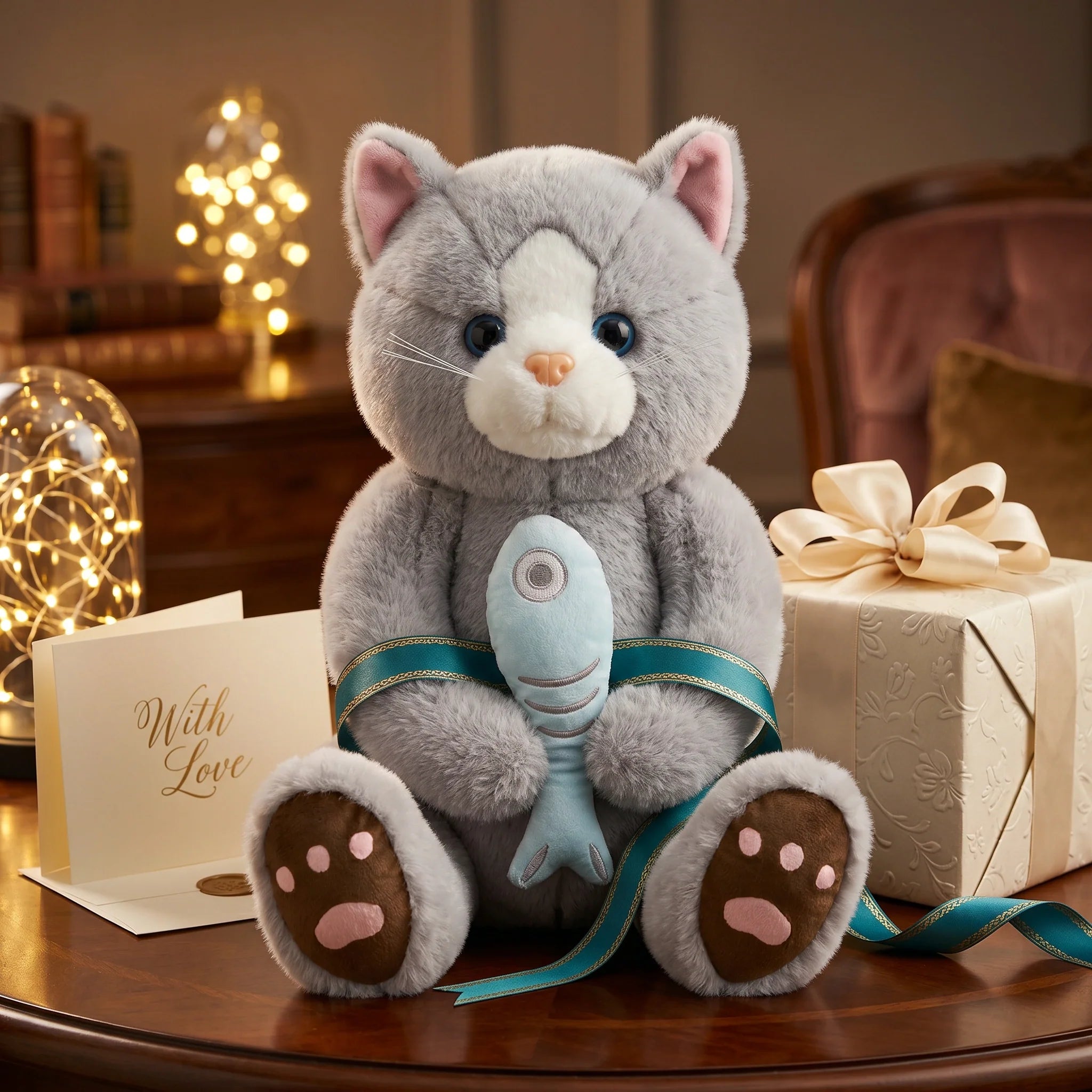Cute Cat Plush Toy with Fish – Soft Stuffed Kitten Doll