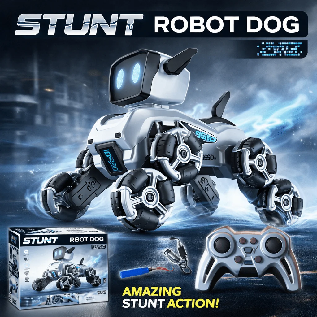 Remote & Watch Controlled Stunt Robot Dog – 8-Wheel 360° Spinner with All-Terrain Tires