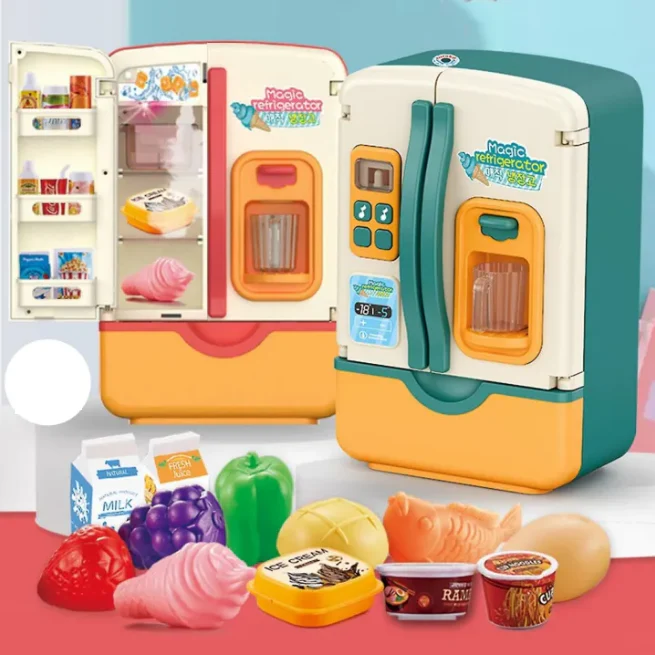 39PCS Multi-Functional Pretend Fridge with Spray – Kids Kitchen Role-Play Refrigerator Toy Set