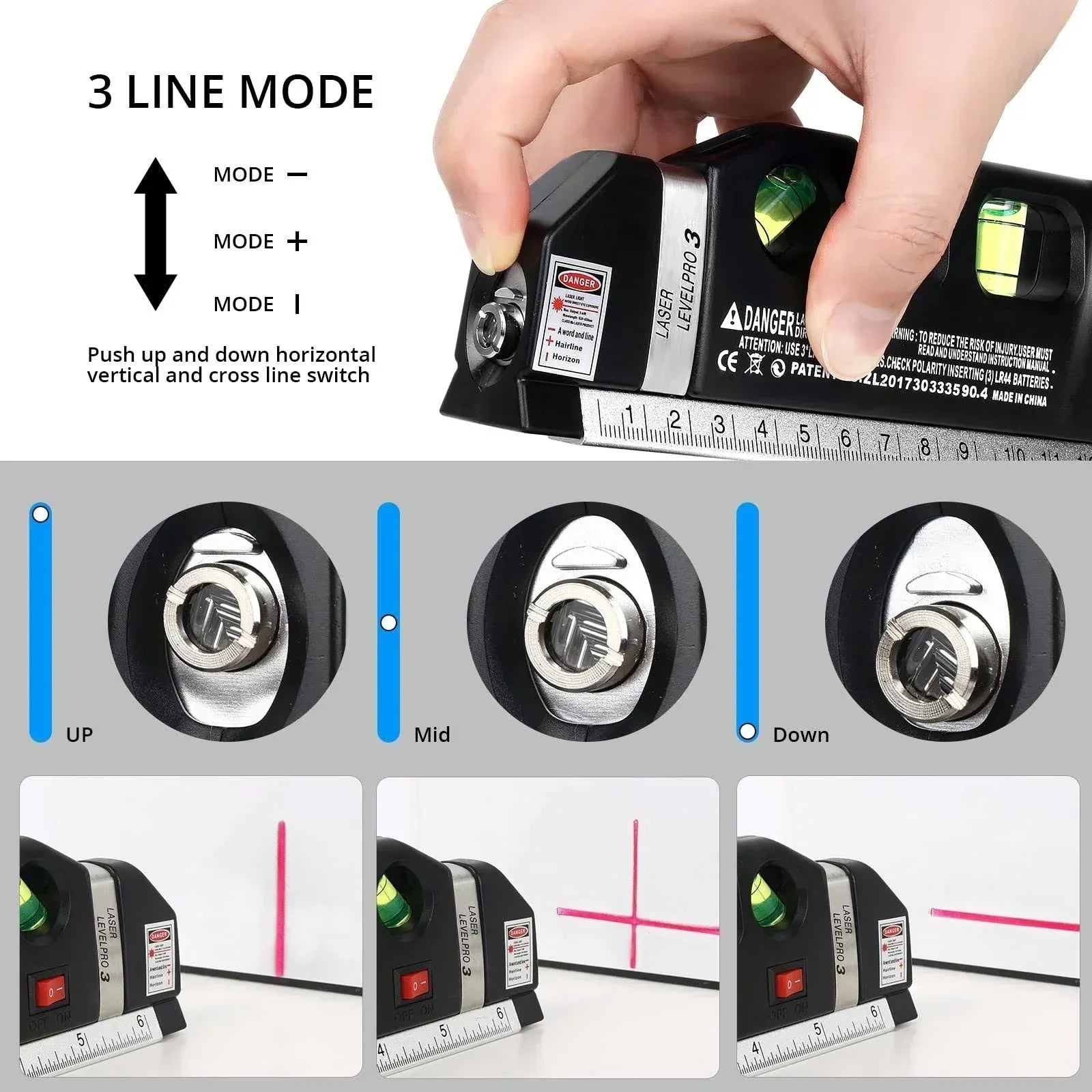 4 in 1 Fixit Laser Level (IMPORTED) Pro 3 4in1 Multi-Purpose Measuring Tool With 8 Feet Tape