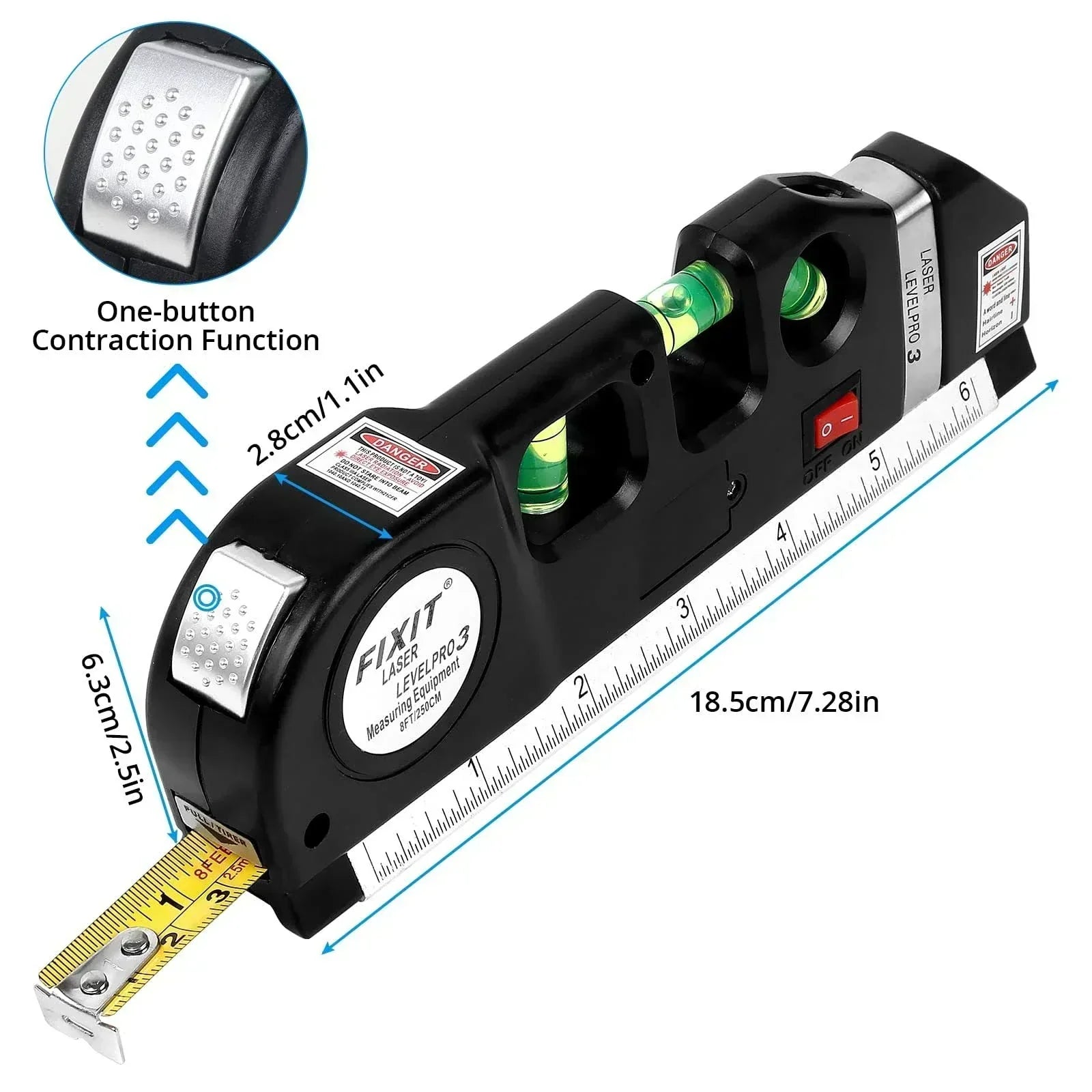4 in 1 Fixit Laser Level (IMPORTED) Pro 3 4in1 Multi-Purpose Measuring Tool With 8 Feet Tape